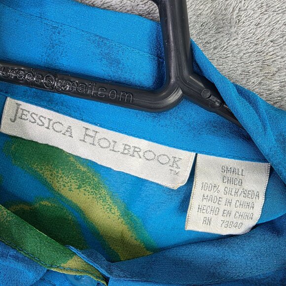 Womens Jessica Holbrook Blue 100% Silk Floral Blouse Long Sleeve Button Up S - Picture 2 of 7